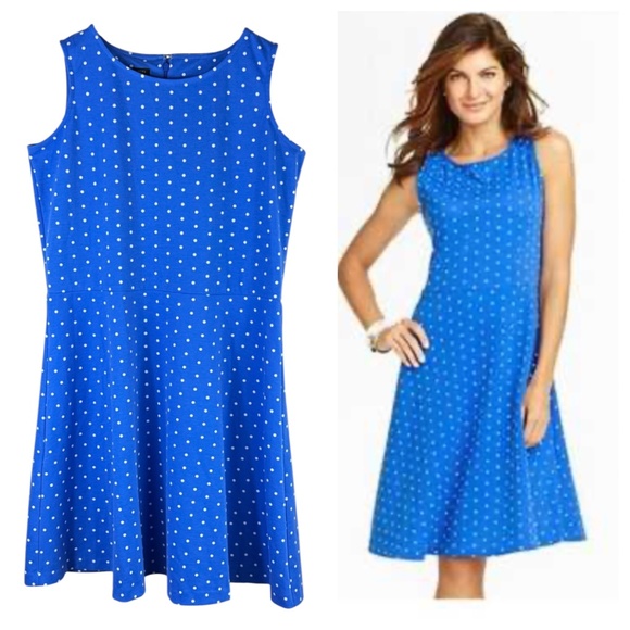Talbots Dresses & Skirts - Talbots Dress Sz X 16W 18W Polka Dot Blue Slvlss Retro Rockabilly Swing Flare